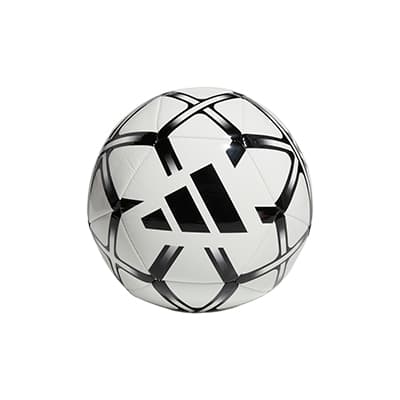 Weißer Fußball mit schwarzem Adidas-Logo und geschwungenem Grafikmuster auf hellem Hintergrund