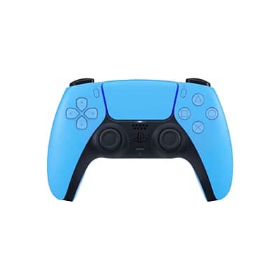 Blauer PlayStation-Controller von vorne mit beiden Analogsticks und Tasten sichtbar