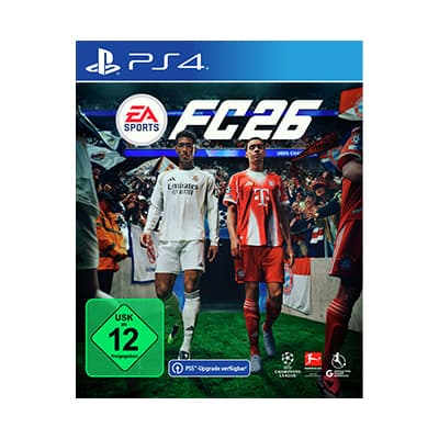 EA Sports FC 26 für PS4 – zwei Fußballspieler in weißen und roten Trikots laufen ins Stadion ein