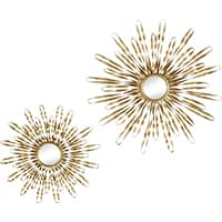 Zwei runde Wandspiegel im Sonnenform-Design mit strahlenförmigen Streben, ein größerer und ein kleinerer nebeneinander