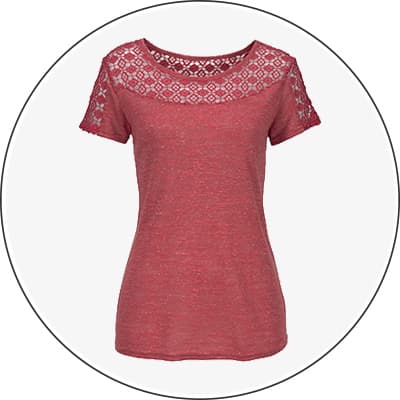 Rot meliertes T-Shirt mit kurzen Ärmeln und transparenter Spitzeneinsatz am Rundhalsausschnitt und an den Schultern