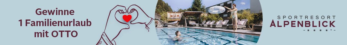 Gewinne 1 Familienurlaub mit OTTO – Illustration von Händen mit Herz und Poolszene im Sportresort Alpenblick