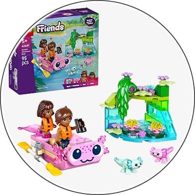 Lego Friends Set mit rosa Axolotl-Boot, zwei Spielfiguren, kleinem Wasser-Spielplatz und Tierfiguren vor der Verpackung