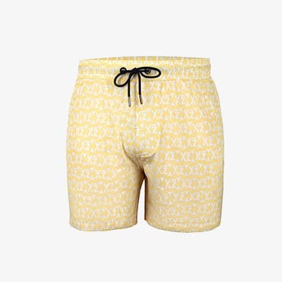 Gelbe Boxershorts mit weißem Allover-Schriftmuster und schwarzer Kordel vorne am Bund
