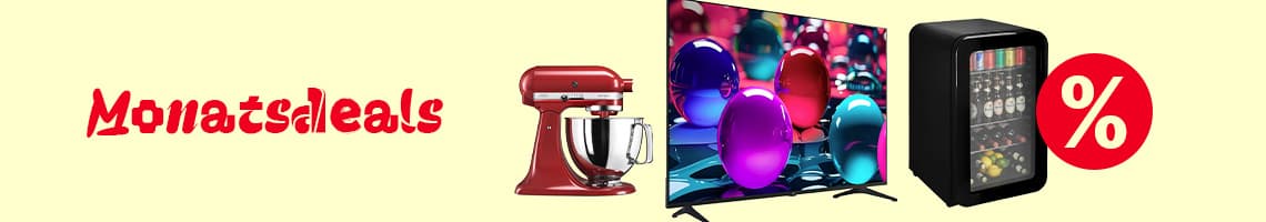 Monatsdeals – Küchenmaschine, Fernseher und Getränkekühlschrank mit rotem Prozentzeichen