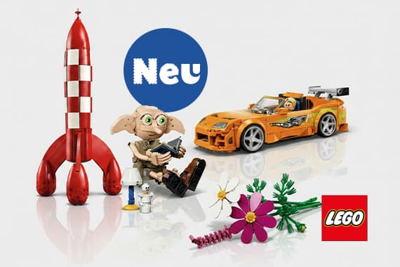 Neu – LEGO Sets mit roter Rakete, Figur mit Buch, gelbem Sportwagen und bunten Blumen vor hellem Hintergrund
