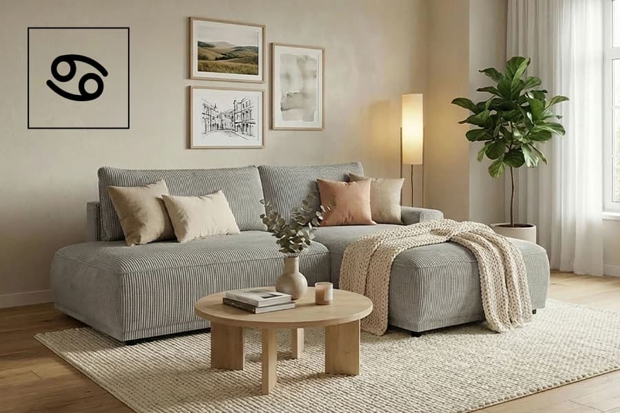 Wohnzimmer mit grauer Eckcouch, Kissen und Decke, Holztisch mit Deko, Pflanze am Fenster und Wandbild mit Krebs-Symbol
