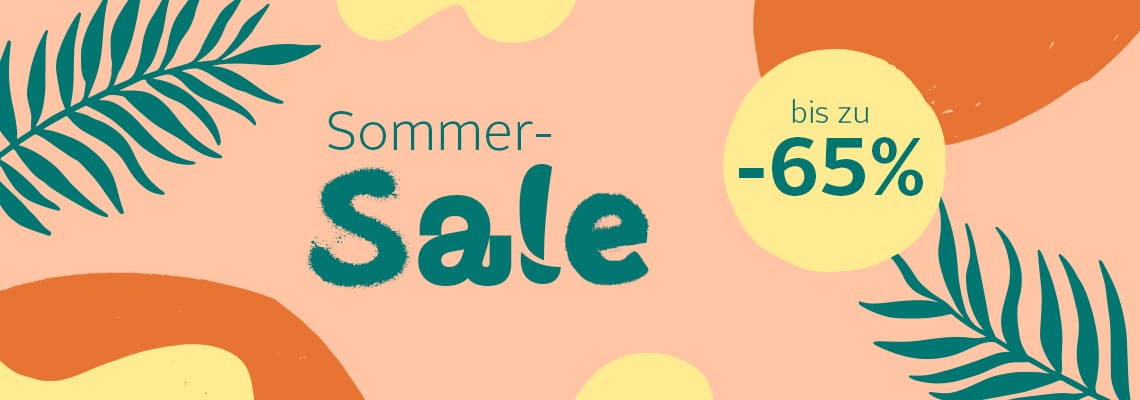 Sommer-Sale bis zu 65 % Rabatt – bunte Grafik mit Blättern und abstrakten Formen