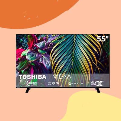 TOSHIBA 55 Zoll Fernseher mit bunter Pflanzenaufnahme auf dem Bildschirm, Logos für HDR und Sound unten im Bild