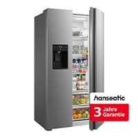 3 Jahre Garantie – geöffneter Side-by-Side-Kühlschrank mit Wasser- und Eisspender, Fächer mit Obst, Gemüse und Getränken