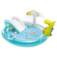 Rundes Kinderplanschbecken mit Rutsche, Wassersprüh-Pilz und aufblasbarem Drachen am Beckenrand