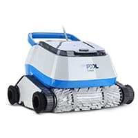 Weiß-blauer Poolroboter mit Griff und seitlichen Rädern vor weißem Hintergrund