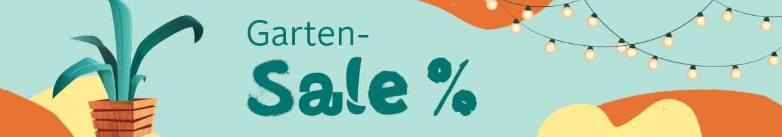 Garten-Sale % – Pflanze im Topf links, rechts darüber Lichterkette vor buntem Hintergrund