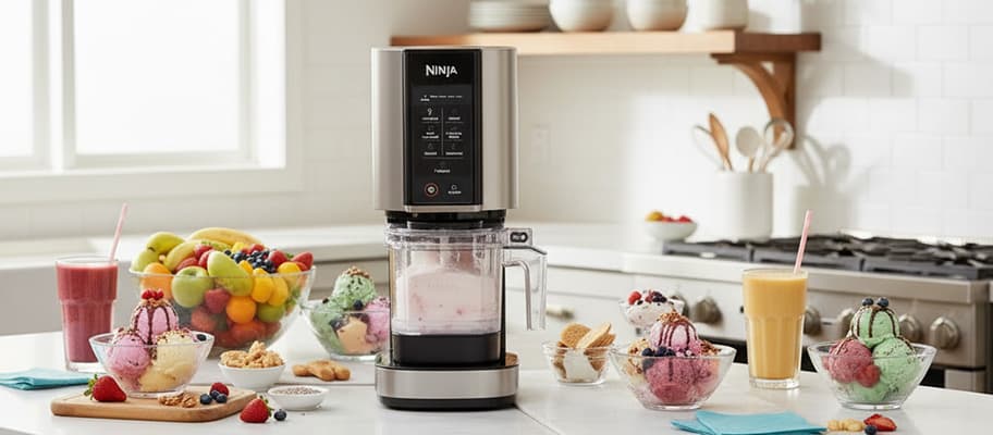 Eismaschine auf Küchenarbeitsplatte, umgeben von bunten Eisbechern, Smoothies und einer Schale frischem Obst