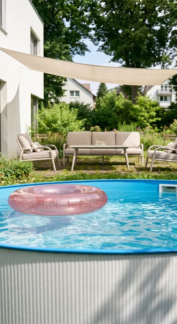 Runder Aufstellpool mit rosa Schwimmring im Wasser, dahinter Garten mit Lounge-Sofa und Sesseln vor einem Haus