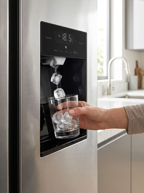 Hand hält Glas unter Kühlschrank-Spender, Eiswürfel fallen nacheinander in das Glas in moderner Küche