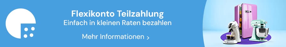 Flexikonto Teilzahlung – einfach in kleinen Raten bezahlen, rechts Haushaltsgeräte vor blauem Hintergrund