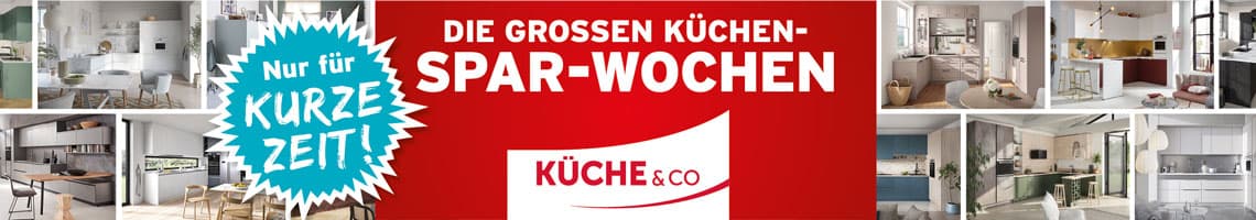 Die großen Küchen-Spar-Wochen – nur für kurze Zeit – Collage moderner Küchen mit Küche&Co Logo