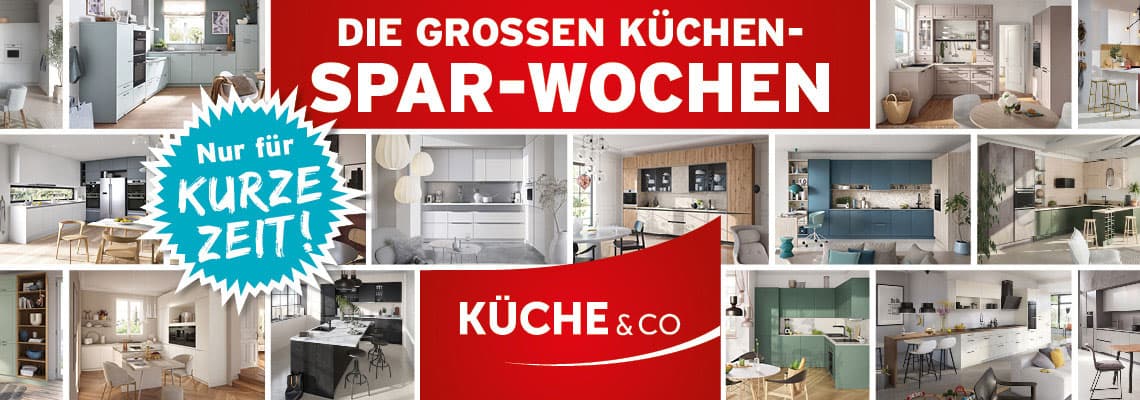 Die großen Küchen-Spar-Wochen – nur für kurze Zeit – Collage moderner Küchen mit Küche&Co Logo