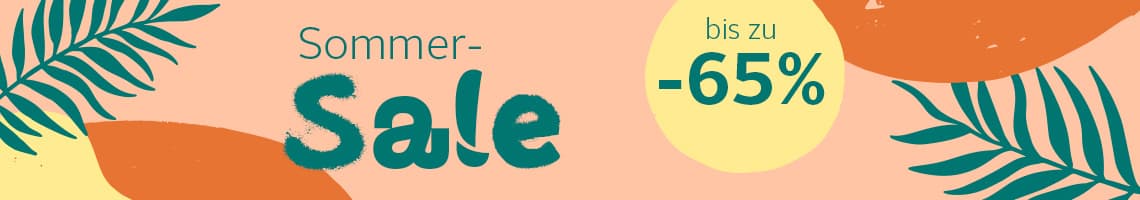 Sommer-Sale bis zu -65 % – bunte Grafik mit Blättern und abstrakten Formen