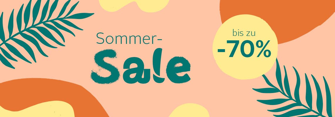 Sommer-Sale bis zu 70 % Rabatt – bunte Grafik mit Blättern und abstrakten Formen