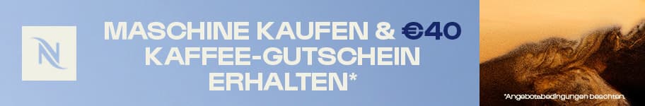 Maschine kaufen und 40 € Kaffee-Gutschein erhalten – Nespresso Logo links, Kaffeeoberfläche rechts