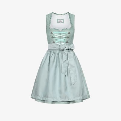 Hellgrünes Dirndl mit Schnürung am Mieder und breiter Schleife an der Schürze, frontal auf weißem Hintergrund