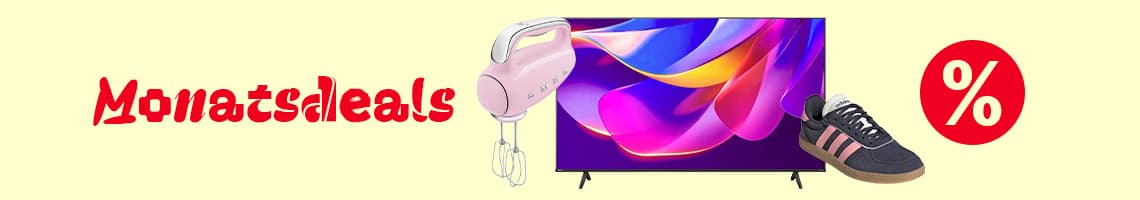 Monatsdeals – Handmixer, großer Fernseher und Sneaker mit rotem Prozentzeichen auf hellgelbem Hintergrund