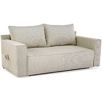 Helles Ecksofa mit breiter Ottomane rechts und zwei Rückenpolstern auf niedrigen Füßen