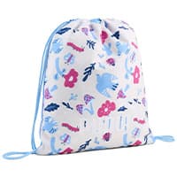 Turnbeutel mit hellblauem Kordelzug und buntem Blumen- und Blättermuster in Blau und Pink