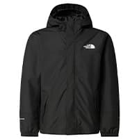 Schwarze Outdoorjacke mit Kapuze, durchgehendem Reißverschluss und seitlichen Taschen, Logo vorn auf der Brust