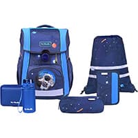 Blaues Schulranzen-Set mit Astronautenmotiv, passendem Turnbeutel, Federmäppchen, Schlamperetui und Trinkflasche