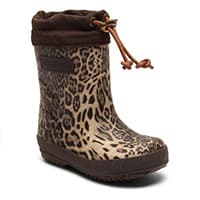 Kinder-Gummistiefel mit braunem Leopardenmuster und dunklem Schaft mit Kordelzug