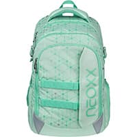 Mintgrüner Schulrucksack mit geometrischem Muster und neoxx-Schriftzug auf der Frontansicht