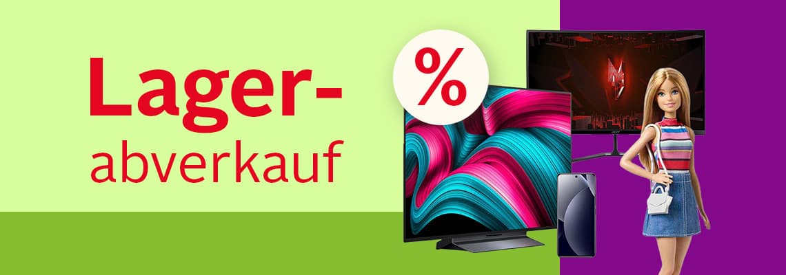 Lagerabverkauf – Prozentzeichen über Fernseher, Smartphone und Puppe vor buntem Hintergrund