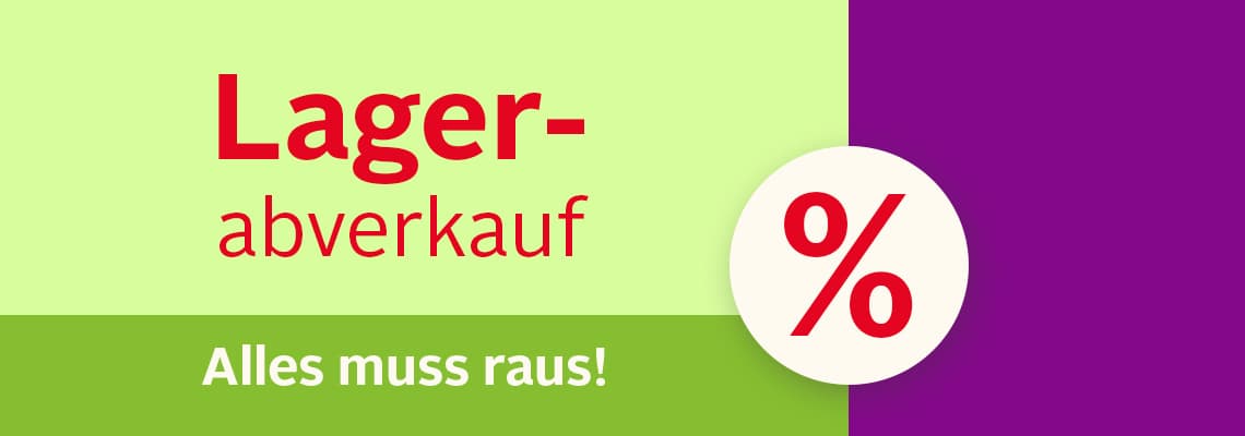 Lagerabverkauf – Alles muss raus! Rotes Prozentzeichen auf buntem Hintergrund