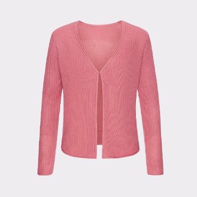 Rosa Strick-Cardigan mit V-Ausschnitt und langen Ärmeln, vorne offen ohne Knöpfe oder Reißverschluss