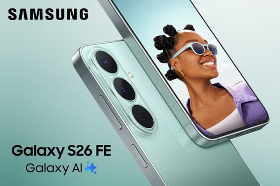 Samsung Galaxy S26 FE mit Galaxy AI – Smartphone zeigt lachende Person mit Sonnenbrille im Display