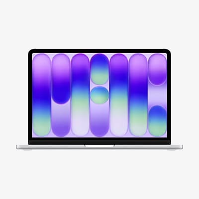 Laptop von vorn mit geöffnetem Display, abstraktes Muster in Blau, Lila und Grün auf weißem Hintergrund