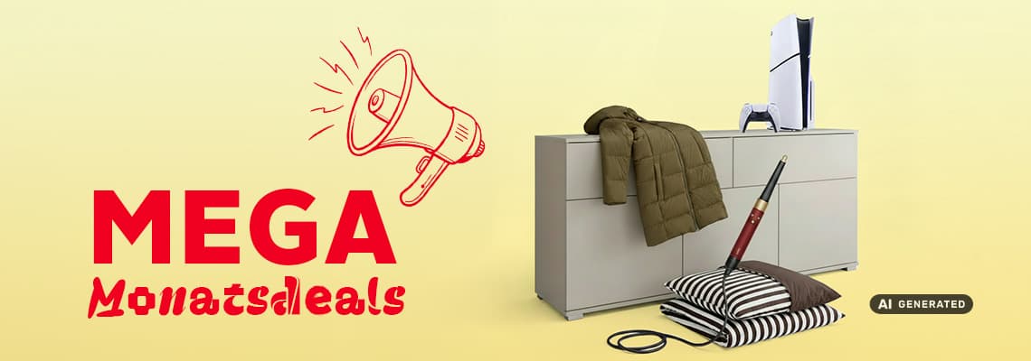 MEGA Monatsdeals – Sideboard mit Konsole, Controller, Jacke, Staubsauger und Kissen vor gelbem Hintergrund