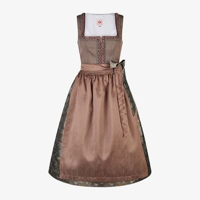 Dirndlkleid in Braun mit verziertem eckigem Ausschnitt und passender Schürze, Schleife seitlich gebunden