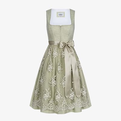 Hellgrünes Dirndl mit schmalem Oberteil, Reißverschluss vorn, breiter Schleife und floraler Stickerei am Rock