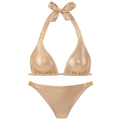 Goldfarbener Bikini mit Neckholder-Oberteil zum Binden und passendem Slip mit dekorativen Stegen an den Seiten