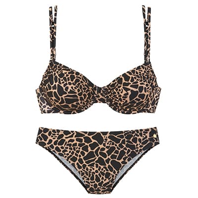 Zweiteiliger Bikini mit schwarzem und beigeflecktem Muster, Oberteil mit Trägern und passender Slip darunter