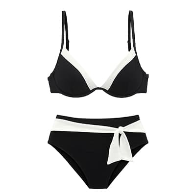 Schwarzer Bikini mit weißen Einsätzen, Bügeloberteil und hoch geschnittener Hose mit weißem Bindeband vorn