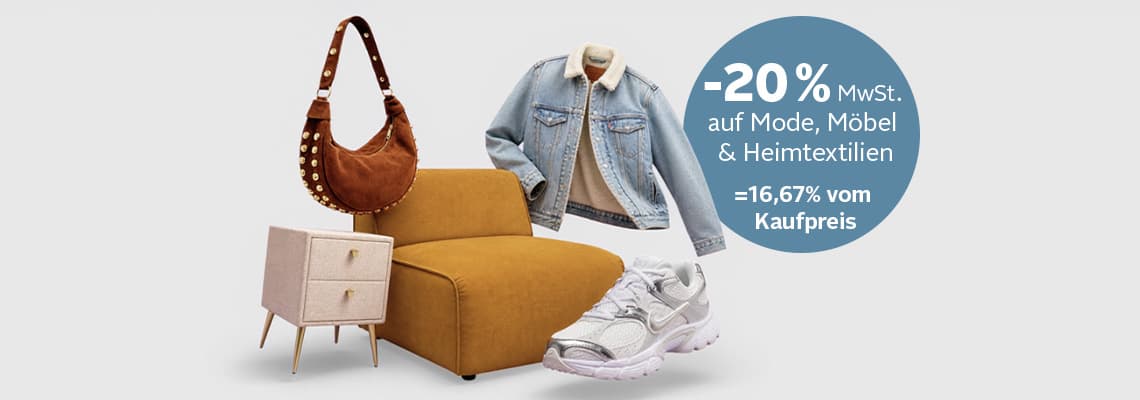 -20 % MwSt. auf Mode, Möbel und Heimtextilien – Sessel, Jeansjacke, Tasche, Sneaker und Nachttisch vor grauem Hintergrund