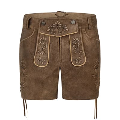 Braune kurze Trachtenhose mit bestickter Latzklappe und seitlicher Stickerei vorne frontal abgebildet