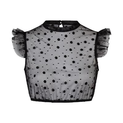 Bauchkurzes, transparentes Oberteil in Schwarz mit kleinen Blütenmustern und kurzen Rüschenärmeln