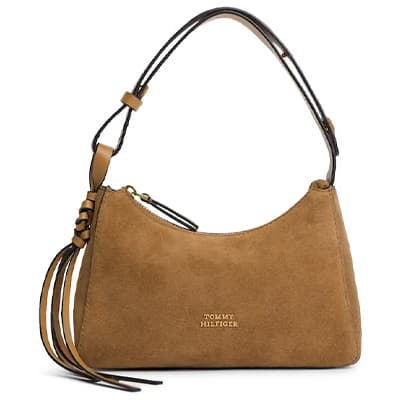 Braune Schultertasche mit kurzem Henkel und seitlichen Lederbändern vor weißem Hintergrund