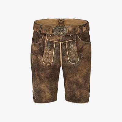 Kurze braune Trachtenlederhose mit Gürtel und dekorativer Schnalle, vorne zwei Hängeklappen und helle Ziernähte